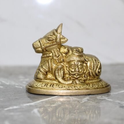 Brass Nandi Bull Idol with Demon Slayer Depiction – Traditional Handcrafted Statue - 360 gm