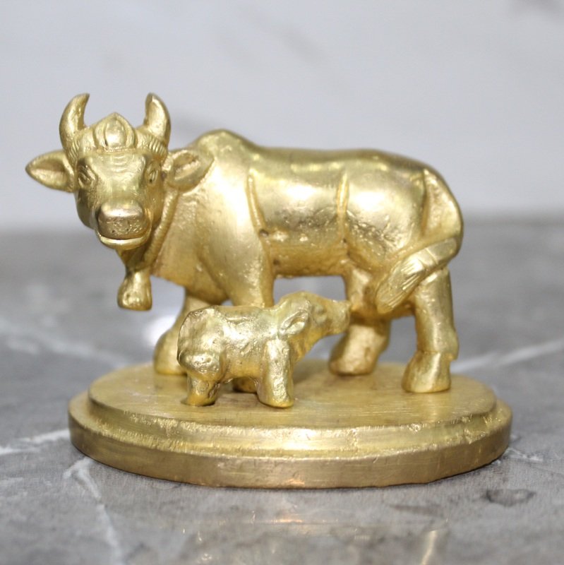 Brass Kamdhenu Cow and Calf Idol
