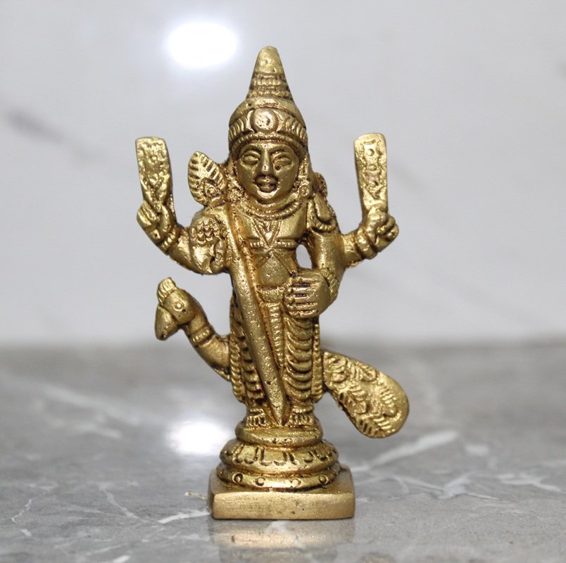 Brass Lord Kartikeya Standing Idol with His Divine Peacock Mount