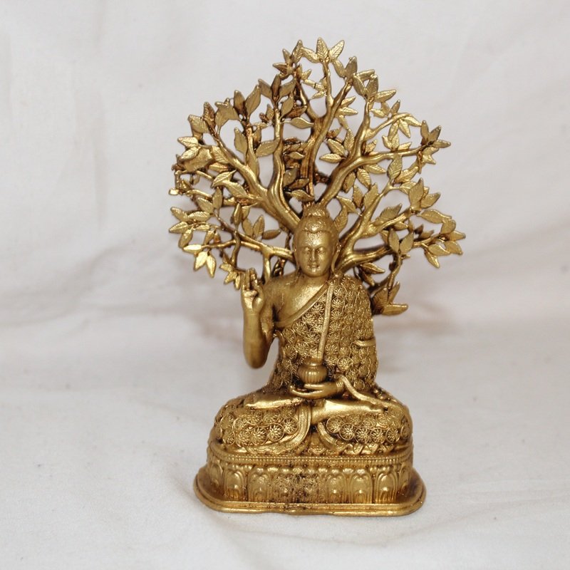 6.5" Brass Buddha Under Bodhi Tree – Enlightenment Idol on Lotus Base