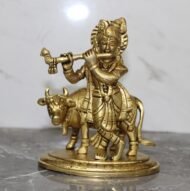 Handcrafted Brass Krishna Playing Flute with Cow – 1040 gm