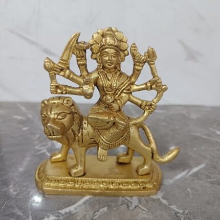 Handcrafted Brass Durga Maa Idol – Mahishasura Mardini Murti Riding Lion - 670 gm