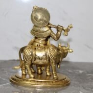 Handcrafted Brass Krishna Playing Flute with Cow – 1040 gm - Image 2