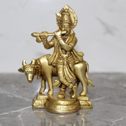 Handcrafted Brass Krishna Playing Flute with Cow – 510 gm