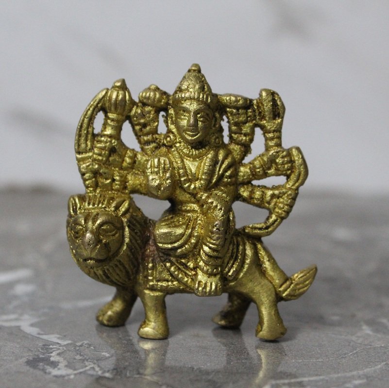 7.1 Handcrafted Brass Durga Mata Idol – Eight-Armed Goddess Riding Lion - 140 gm - Image 1